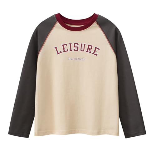 Girls Cotton Color Block T-Shirts Leisure Kids Letter Print Raglan Top Boys Crewneck Basic Long Sleeve Tees for 5-15 Years