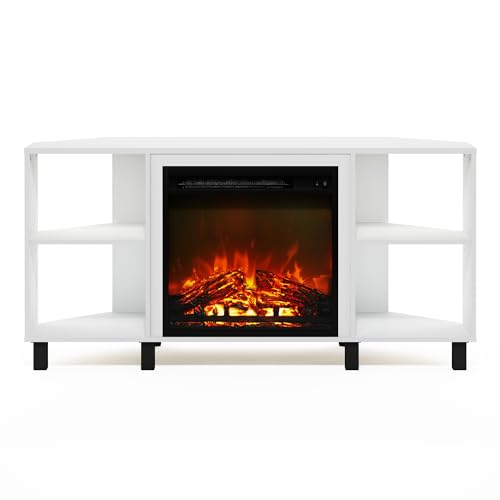 Image of Furinno Jensen Corner Fireplace TV Stand with 4 Open Compartments for TV up to 55 Inches, Solid White
