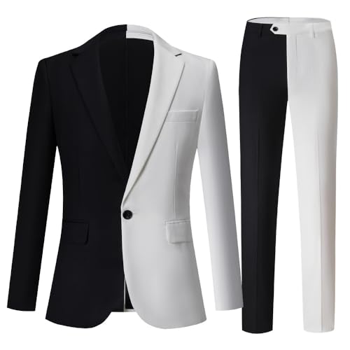 Men's Two-Piece Suit, Black and White Split Design, Single Button Blazer with Notched Lapel, Formal Wedding Party Wear