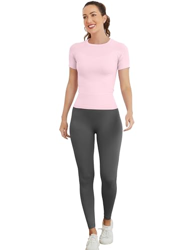 Image of MathCat Workout Shirts for Women, Workout Tops for Women Short Sleeve, Seamless Yoga Shirts, Breathable Athletic Gym Tops Slim Fit Pale Pink, X-Small