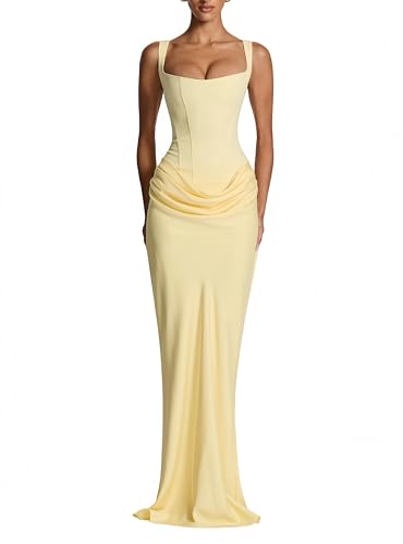 Yknktstc Women's Corset Maxi Dress Lace Up Back Mermaid Evening Gown M Yellow