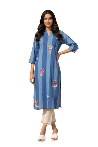Image of W for Woman Colour Block Floral Printed Pure Cotton Straight Kurta