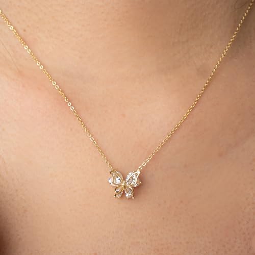 Dainty Gold Necklace for Women, Two Tone Cubic Zirconia Pendant Necklaces for Women, 14K Gold Plated Butterfly Necklaces for Women Trendy, Charm Ring Pendant Necklace Daily Fashion Jewelry Gifts4