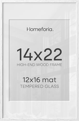 Image of Homeforia 14x22 Picture Frame White, High End Oak 14x22 White Wood Frame with Mat 12x16 Photo, 14 x 22 Wooden Poster Frames Matted to 12 by 16, 22x14 Hanging Frames, Tempered Glass, Wall Kit, Set of 2