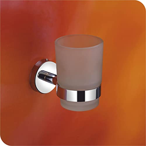 Image of Premium Wall Mounted Toothbrush Holder with Frosted Glass Tumbler | SUS 304 Stainless Steel Rustproof Toothpaste & Brush Stand for Bathroom | Chrome Finish