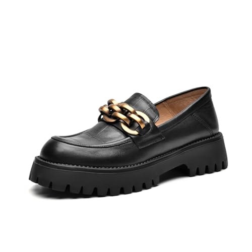Image of BEAU TODAY Chunky Loafers Women,Leather Platform Loafers for Women,Lug Sole Slip On Chain Shoes,Comfortable Work Office Business Casual Office Dress Shoes