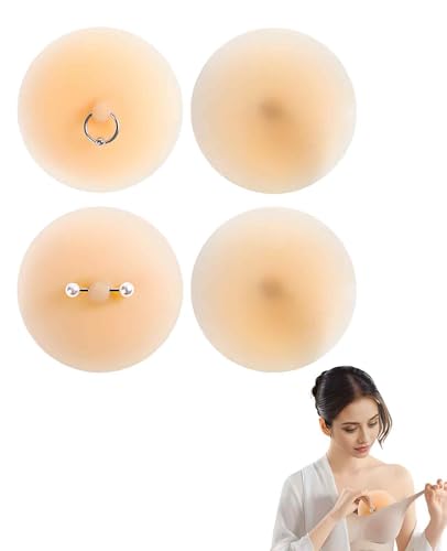 Waaqkid 4PCS Pierced Nipple Bra, Silicone Waterproof Reusable Fake Nipple Piercing Pasties Cover for Women