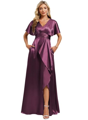 Image of Elegant Satin Bridesmaid Dress with Sleeves Ruffles High Silt Formal Dresses Long for Women Fall DIN022