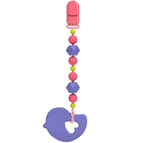 Nuby Silicone Teether & Pacifier Holder Combo Pack, Purple Bird, 0M+