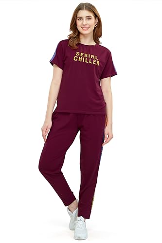 Image of ZEYO - Women's Cotton Typography Side Striped Night Suit Set of Top & Joggers Pajama Set