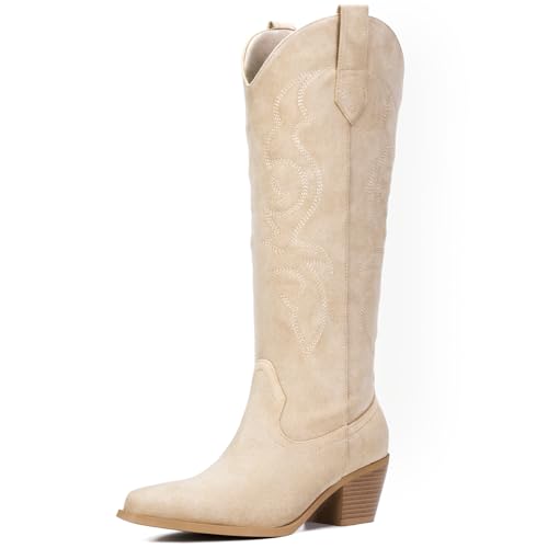 Platikly Beige Knee High Cowgirl Boots