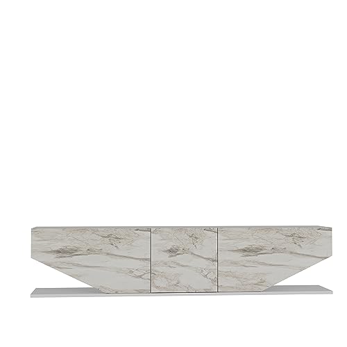DECOROTIKA Pearl TV Stand - Modern 180 cm Wide TV Unit Media Console fits up to 78 TVs -White Marble Effect