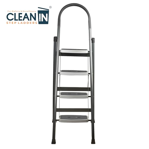 Image of CLEAN IN 4 Step Premium Foldable Household Steel Ladder ~ for Home, Garage, Kitchen. Wide & Anti-Skid Steps, 150 kg Load Capacity, Reinforced Hinges ~ (Shades of Grey)