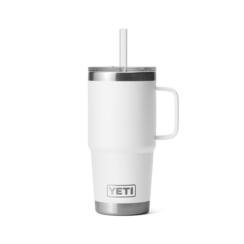 Image of YETI Rambler 25 oz Tumbler with Handle and Straw Lid, Travel Mug Water Tumbler, Vacuum Insulated Cup with Handle, Stainless Steel, White
