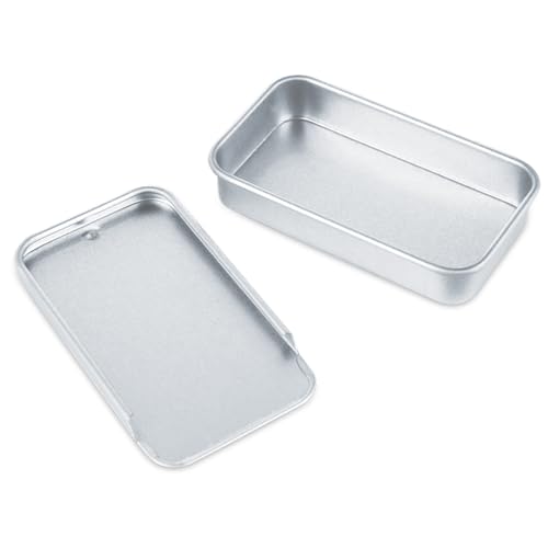 Image of DAJAVE 100 Pack Mini Metal Tin Containers, 0.5 oz Rectangle Metal Tin Box with Slide Lids for Lip Balm, Jewelry, Crafts, Pills (Silver)