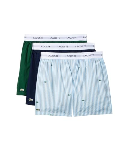 Lacoste Men's 100% Cotton Belt Boxers 3-Pack, Blue W/White/Green/Navy Blue