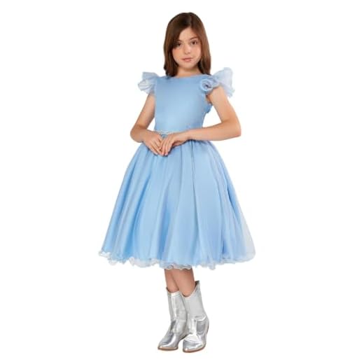 JL Kids Vestido Infantil Glitter Godê Festa Azul Laço Manga Curta para Aniversário Eventos (BR, Numérico, 8, Multicolorido)