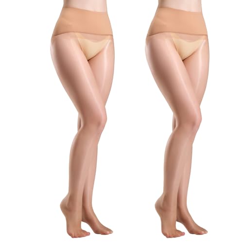 Image of Yilanmy 2 Pairs Seamless Shiny Tights for Women, 20D Sheer Shimmer Tights | Silky Nylons Smooth Skin, Seamless Crotch, Control Top Waistband, Oil Glossy Pantyhose for Daily, Dance, Performance