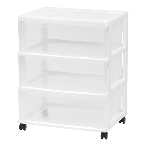 IRIS USA Plastic Drawer Storage Organizer Rolling Cart, with Wheels Casters, 3-Drawers, for Art Craft Supplies Bathroom Dorm Bedroom Laundry Room, Wide, White