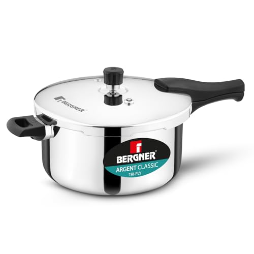Image of Bergner Argent Classic Triply Stainless Steel 6.5 Liters Outer Lid Pressure Cooker, Triply Cooker with Resettable Safety Valve, Sturdy Handle, Easy to Use and Clean - Induction and Gas Stove Ready