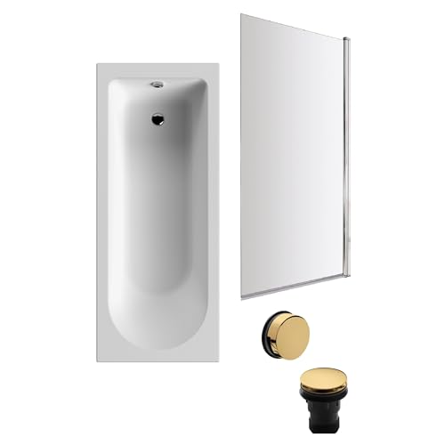 Image of Balterley 1700 x 700mm Round Shower Bath with Leg Set, Chrome Rectangular Shower Screen & Brushed Brass Waste, Straight Single Ended Gloss White Soaking Bathtubs, Rectangular Soaking Bathtub