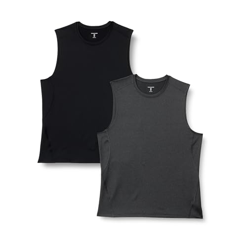 Amazon Essentials Men's Active Quick Dry Moisture-Wicking Tech Stretch Lightweight Sleeveless Muscle Shirt, Pack of 2, Black/Heather Graphite, Large