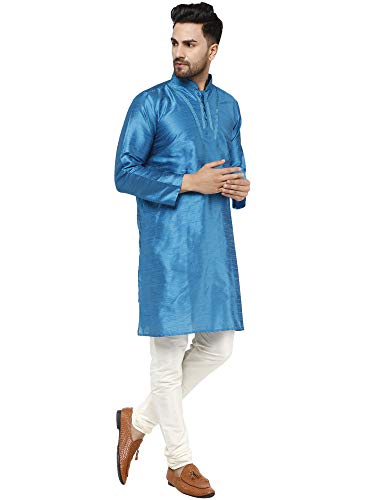Image of SKAVIJ Men's Dupion Silk Embroidered Kurta Pajama Mandarin Collar Ethnic Motifs Festive Party Dress
