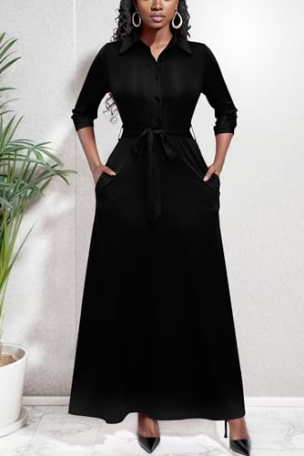 Runwind Women Church Maxi Dresses 3/4 Sleeve Button Down Print Casual Office Dress African3