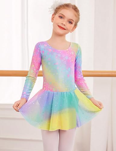 Image of Arshiner Girls Long Sleeve Ballet Leotards with Shinny Skirts Criss-Cross Back Dance Dresses