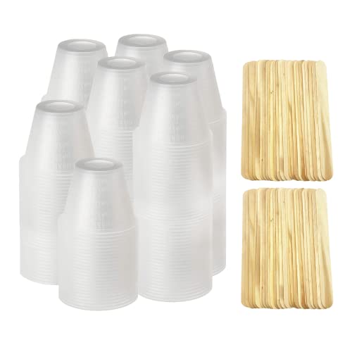 EpoxyStix 1 Oz (30ml) Polypropylene Mixing Cups Set with 200 Birchwood Mixing Sticks - 400ct, Reusable, Compostable, Clear, Modern Design