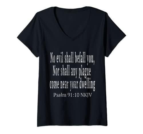 Womens No Evil Shall Befall You Psalm 91:10 Bible Verse V-Neck T-Shirt