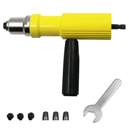 Remachadora para Taladro, Carburo, con Mango Desmontable y Llave, Herramienta de Remachado para Atornilladores Sin Cable y Taladros con Brocas de 2.2 mm, 2.5 mm y 3.2 mm (Amarillo)