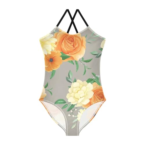 Girls One Piece Swimsuits Beautiful Yellow Roses Pattern Sport Halter Swimwear Beach Bathing Suit, 5-6T