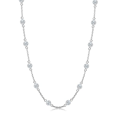 LeCalla 925 Sterling Silver CZ Station Necklace for Women | Italian Round Cubic Zirconia Station Chain Necklace, Made in Italy (16, 18, 20, 24 Inches)