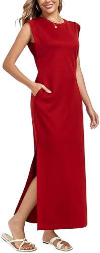 WUWUSKY Damen Maxikleid ärmellos mit Rundhals und Seitenschlitz – Elegantes lässiges Kleid mit Zwei Taschen,Rotwein,XXL