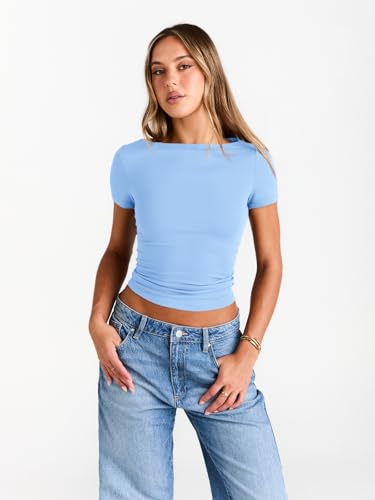 Image of Trendy Queen Womens Boat Neck Tops Short Sleeve Shirts | Compression Basic Tops,Y2K Aesthetic Slim Fit,Professional Business Casual, Polished Teacher Outfits