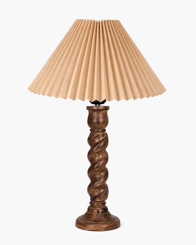 Image of Homesake Classic Twister Wooden Table Lamp with Shade | Handcrafted Bedside Lamp, E27 Holder| Bulb Included |Warm Light Night Lamp, Bedroom, Living Room, Study & Home Decor, (Pleated Jute)