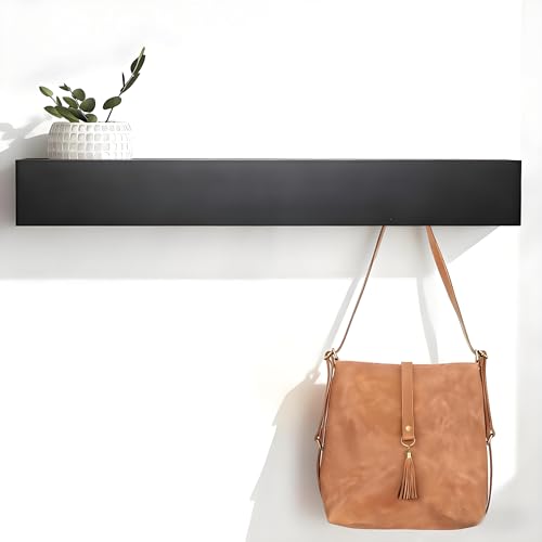 HSUYUN Porte Manteau Mural avec Étagère, 60 cm Patère Murale avec Crochets Caché, Design Moderne, Porte Manteau Mural Noir, Avec 7 Crochets, Idéal pour...