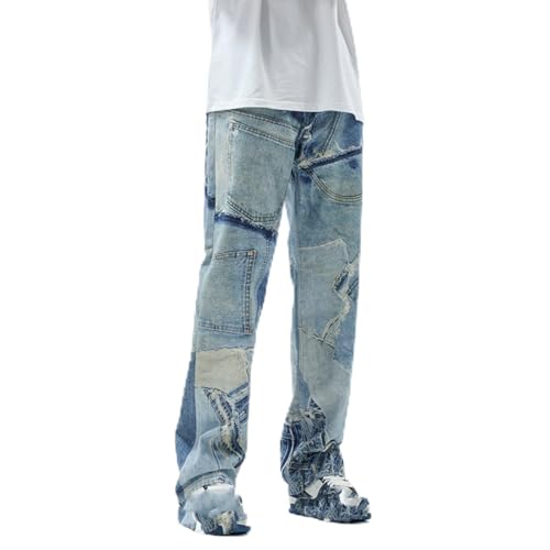 Jeans Pants Trousers Denim Spring and Autumn Men's High Street Splicing Patch Loose Wide Leg Floor