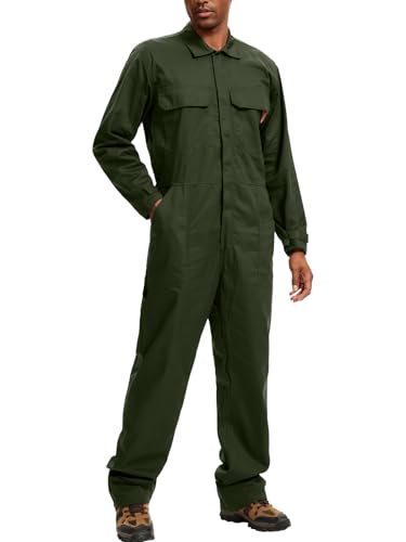 WORK IDEA Mens Coveralls Long Sleeve 100% Cotton Twill Workwear Jumpsuit Relaxed Fit Army Green L
