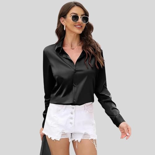 Image of IndoPrimo Women's Satin Shirt with Spread Collar Neck Line Solid Pattern Full Sleeves Regular Fit Western Style and Standard Length