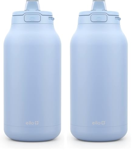 Image of Ello Hydra Stainless Steel Water Jug with Locking Leak Proof Lid, Reusable Vacuum Insulated Metal Bottle with Silicone Straw, Keeps Drinks Cold All Day,Gift Ready, Halogen Blue 64 Ounces (Pack of 2)