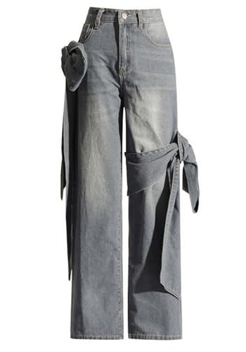 Vaceky Bow Tie Jeans Women Y2K High Waisted Straight Leg Trendy Denim Pants4
