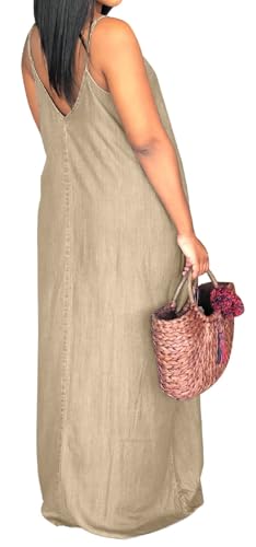 Image of SeNight Women's Maxi Denim Dress Spaghetti Strap with Pockets | Maxi Denim Dress Spaghetti Strap Loose Fit Summer Beach Long Dress with Pockets