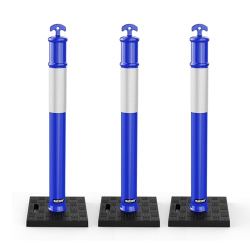 BATTIFE 45" Delineator Post with Base, Traffic Delineator Cones with Reflective Collar for Driving Practice, Construction Work (3, Blue, 45 inch)