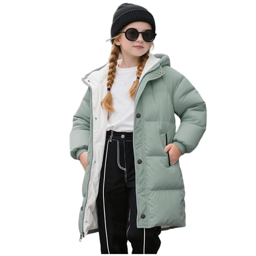 Guqmjde Winterjacke Mädchen Daunenmantel Lang Puffer Jacke Warme Wintermantel Kinder Daunenjacken Winddicht Outdoorjacke Casual Kapuzenjacke Freizeitjacke Thermo Mantel Grün 140
