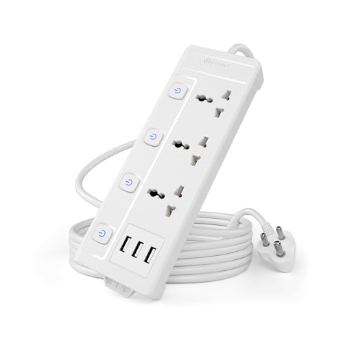 Image of Cablet 2500W Heavy Duty Extension Board with 3 USB Ports (2.4A), 3 Universal Sockets, Individual Switches, Safety Shutter, 10A Power Strip, 1.8M Copper Wire Cord, for Home & Office Use - 250V