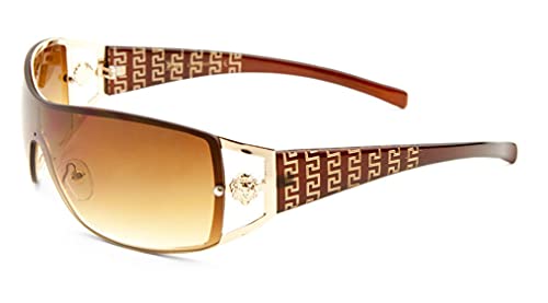 Kleo Lion Head Medallion Greek Key Wrap Around One Piece Sunglasses