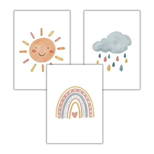 WBdesignz Poster Kinderzimmer Bilder Deko Babyzimmer 3er Set Boho Regenbogen Sonne Wolke Für Kinder Cover
