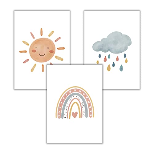 WBdesignz Poster Kinderzimmer Bilder Deko Babyzimmer 3er Set Boho Regenbogen Sonne Wolke Für Kinder